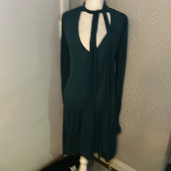 Free People Bridgette Tunic Mini Dress Long Sleeve XS Neck Tie Teal Balletcore - Picture 1 of 10